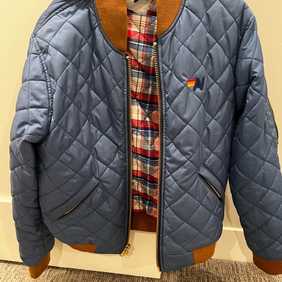 Aviator Nation Quilted and insulated Blue Bomber Jacket with mountain patch. - Picture 3 of 4